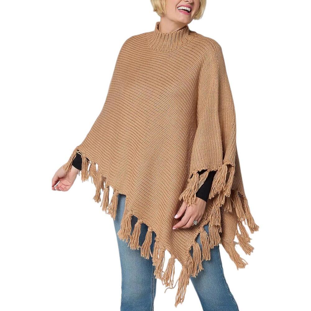 Martha Stewart Women's Asymmetrical Sweater Cape w/ Fringe Burro - Missy